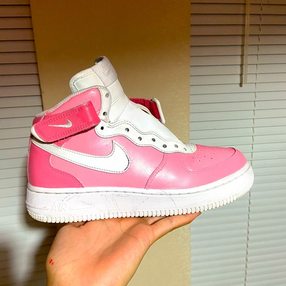 pink and white high top air force ones